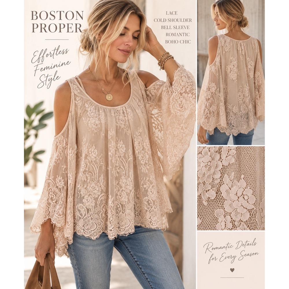 Boston Proper Lace Cold Shoulder Blouse M Bell Sleeve Romantic Boho Fairycore